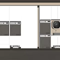 Modern Bathroom Cabinet Rack with White Cabinets Washing Machines Dryer Sink and Storage Shelves