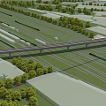Railway Tracks With Overhead Bridge Structure And Green Grass Field Under Clear Sky
