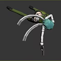3D Game Character With Teal Hair Green White Outfit Holding Gun In Combat Pose