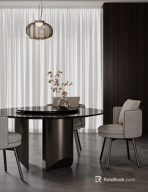 Modern Round Dining Table and Gray Chairs with Black Tabletop and Metal Legs 3d model 