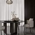 Modern Round Dining Table and Gray Chairs with Black Tabletop and Metal Legs