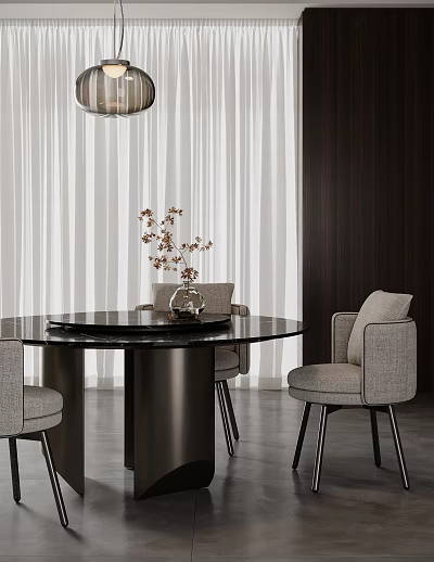 Modern Round Dining Table and Gray Chairs with Black Tabletop and Metal Legs 3d model