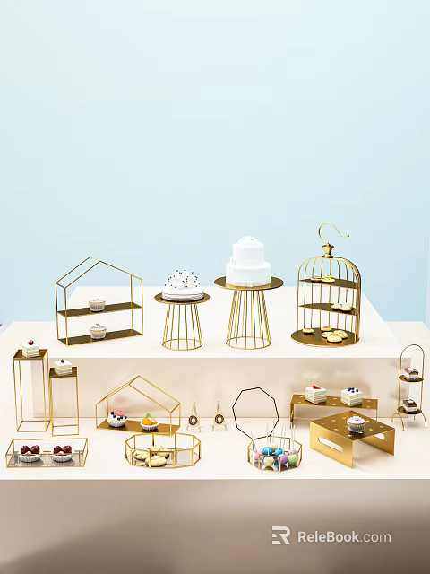 Elegant Golden Metal Stands With Various Shapes Displaying Delicious Cakes And Desserts 3d model 