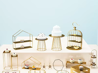 Elegant Golden Metal Stands With Various Shapes Displaying Delicious Cakes And Desserts 3d model