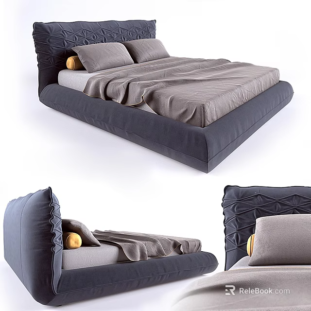 Modern Double Bed With Upholstered Headboard Gray Bedding And Decorative Pillows 3d model
