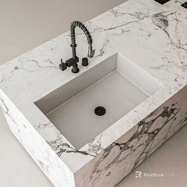 Contemporary Black Pull Out Faucet With Elegant Marble Countertop And Rectangular White Sink 3d model