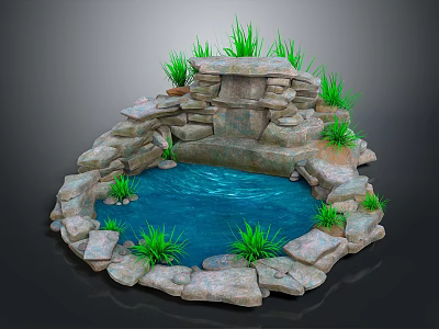 Natural Stone Water Fountain With Circular Blue Pool And Green Plants 3d model