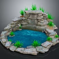 Natural Stone Water Fountain With Circular Blue Pool And Green Plants
