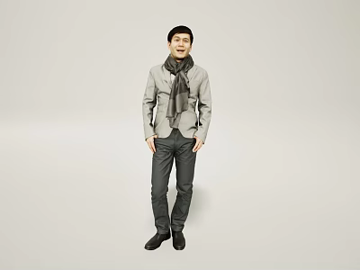 Handsome Man Dressed in Gray Jacket and Black Pants Standing Against Gray Background With Scarf 3d model