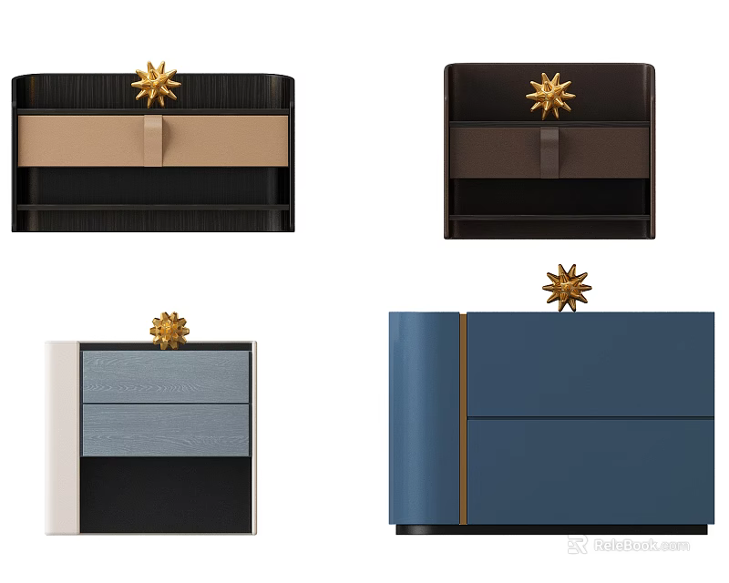 Modern Elegant Bedside Tables With Wood Leather Gold Star Accent And Trim 3d model 