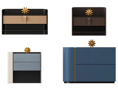 Modern Elegant Bedside Tables With Wood Leather Gold Star Accent And Trim 3d model