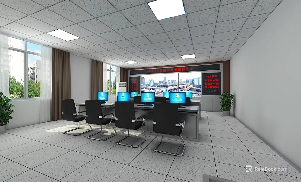 Professional Monitoring Room Interior With Multiple Monitors Control Console And Chairs 3d model 
