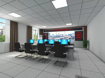 Professional Monitoring Room Interior With Multiple Monitors Control Console And Chairs 3d model