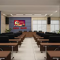 Large Conference Room Interior With Rows of Seats Front Stage National Flags and Projection Screen