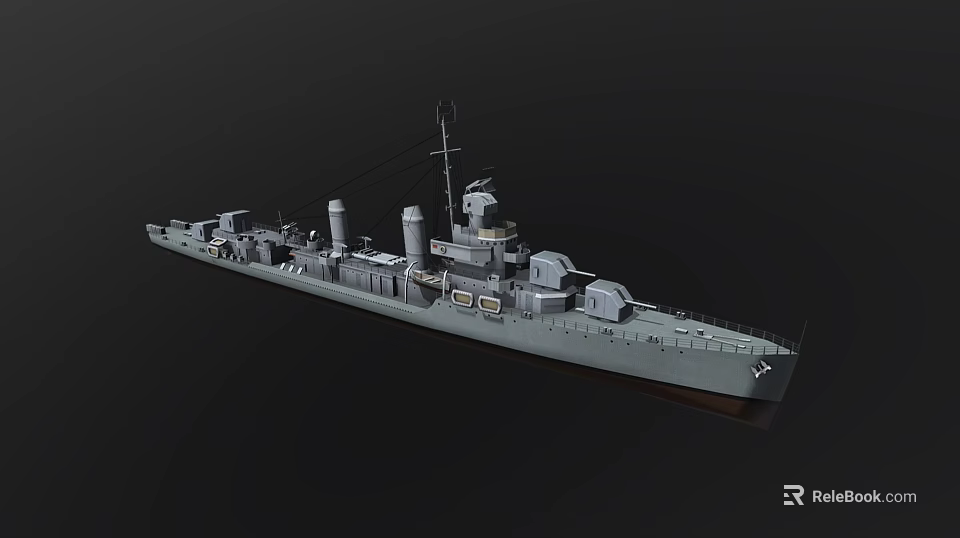 Classic Vintage Warship Model With Detailed Deck Gray Hull And Smokestacks 3d model 