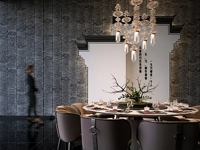 Elegant Round Dining Table Set With Chairs Tableware Decorative Plant And Chandelier 3d model