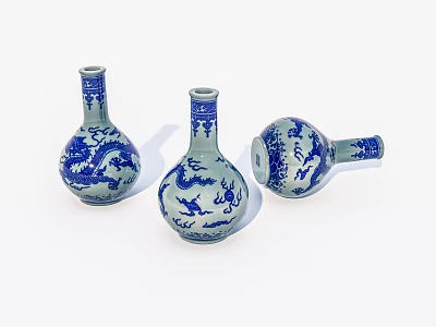 Blue and White Ceramic Vases with Dragon Patterns Displayed on White Background 3d model