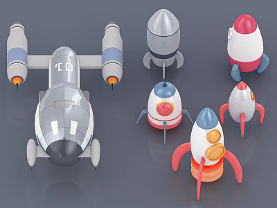 Colorful 3D Cartoon Spacecraft And Rocket Models With Various Designs 3d model
