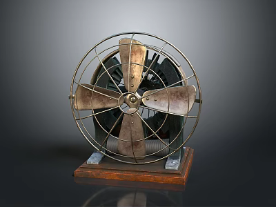 Vintage Electric Fan With Metal Blades Metal Cage And Wooden Base Design 3d model