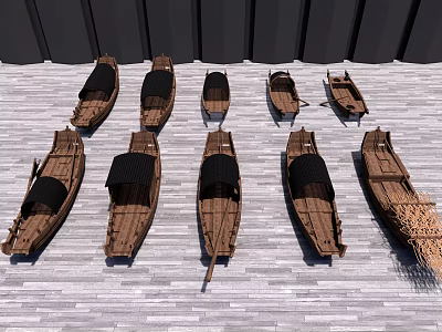 Various Traditional Wooden Boats Arranged on Gray Wooden Floor with Different Designs and Structures 3d model