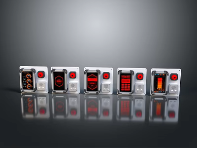Electronic Control Panels With Red Displays Silver Casing And Buttons On Dark Background 3d model