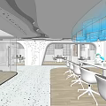 Modern Public Office Space Interior With Glass Partitions Bookshelves And Curved Ceiling