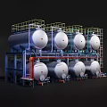 Industrial Equipment Featuring Multiple Large Storage Tanks And Metal Piping Framework