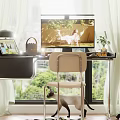 Modern Desk And Chair Combination With Computer Lamp Green Plants Window Curtains And Area Rug