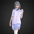 Woman Wearing Purple Short Sleeved Shirt Blue White Plaid Skirt and White Knee High Socks