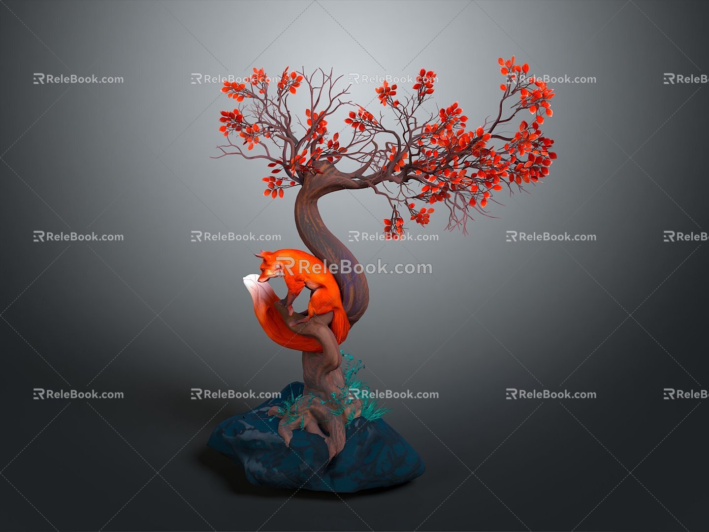 Modern fox big tree fox tree cartoon fox 3d model