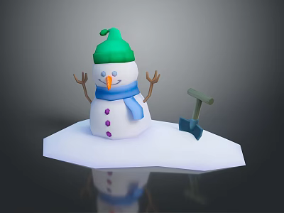 Snowman Character with Green Hat Blue Scarf and Orange Nose on Snowy Ground with Shovel 3d model