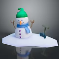 Snowman Character with Green Hat Blue Scarf and Orange Nose on Snowy Ground with Shovel
