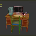 Wooden Computer Desk Setup With Monitor Tower Keyboard Chair And Stationery