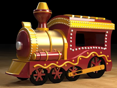 Vintage Cartoon Style Toy Train With Red Gold Yellow Accents And White Dots 3d model