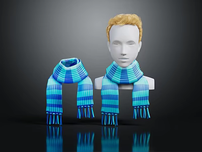 Blue And Green Striped Scarf With Fringes On Mannequin Head Display With Reflection 3d model