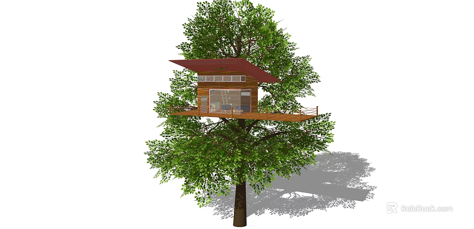 Natural Tree House With Wooden Structure Red Roof Green Leaves And Balcony 3d model 