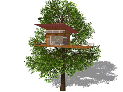 Natural Tree House With Wooden Structure Red Roof Green Leaves And Balcony 3d model