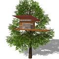 Natural Tree House With Wooden Structure Red Roof Green Leaves And Balcony
