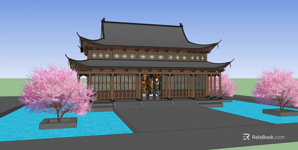 Traditional Ancient Architecture With Overhanging Eaves Wooden Structure Pink Cherry Blossom Trees And Water Pool 3d model 