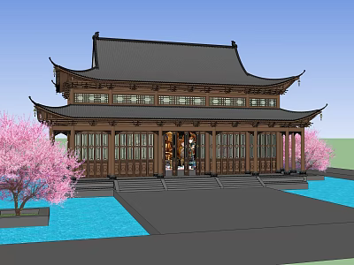 Traditional Ancient Architecture With Overhanging Eaves Wooden Structure Pink Cherry Blossom Trees And Water Pool 3d model
