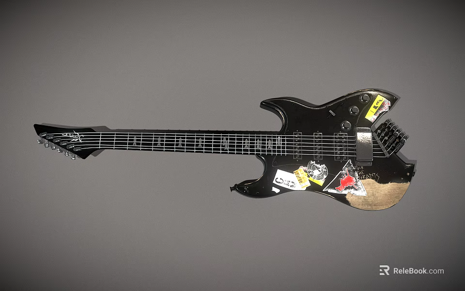Black Electric Guitar With Vintage Stickers As Decorative Music Art Supplies 3d model 