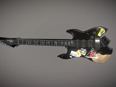 Black Electric Guitar With Vintage Stickers As Decorative Music Art Supplies 3d model