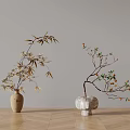 Elegant Decorative Ornament Set With Beige White Vases Bamboo Branches On Gray Wall Wooden Floor