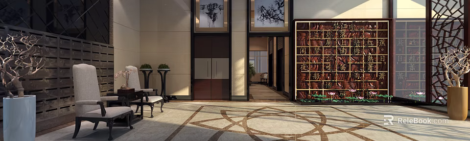 Elegant Hotel Lobby With Carved Screen Marble Floor Geometric Patterns Decorative Paintings And Green Plants 3d model 