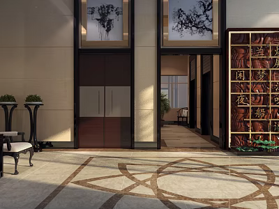 Elegant Hotel Lobby With Carved Screen Marble Floor Geometric Patterns Decorative Paintings And Green Plants 3d model
