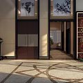 Elegant Hotel Lobby With Carved Screen Marble Floor Geometric Patterns Decorative Paintings And Green Plants