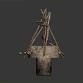 Traditional Woven Well Structures With Wooden Tripod Frame Rope Bucket And Stone Base
