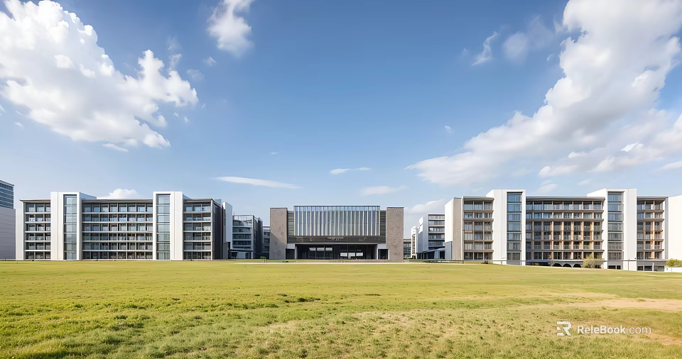 Modern School Buildings With Symmetrical Design Glass Facade And Open Grassland Under Blue Sky 3d model 