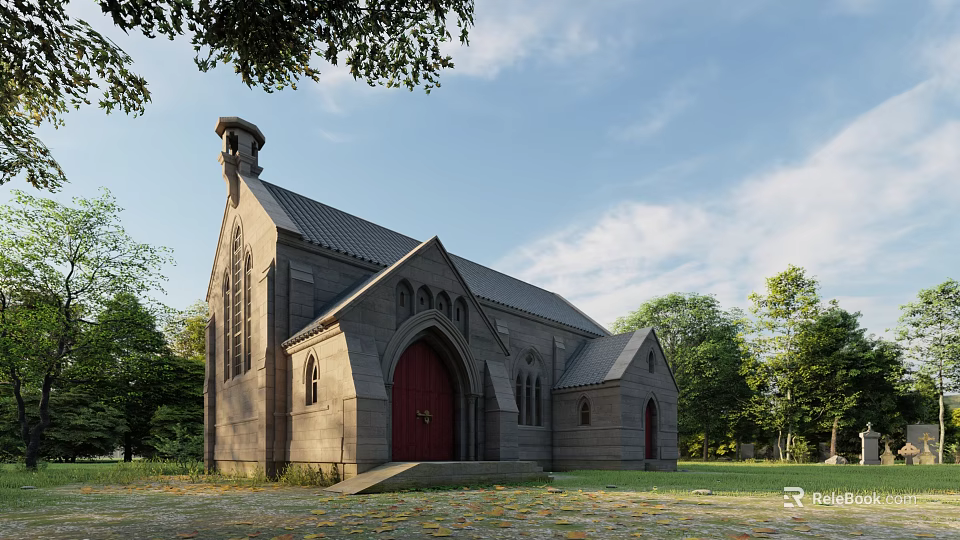 Gray Stone Church Exterior With Red Door Steeple Tower Surrounding Trees And Blue Sky Clouds 3d model 