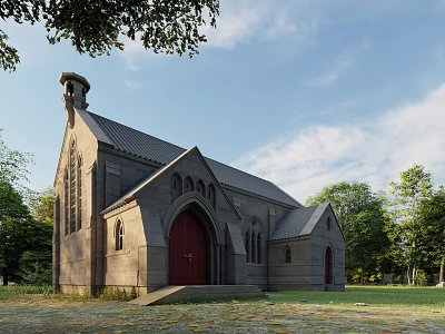 Gray Stone Church Exterior With Red Door Steeple Tower Surrounding Trees And Blue Sky Clouds 3d model